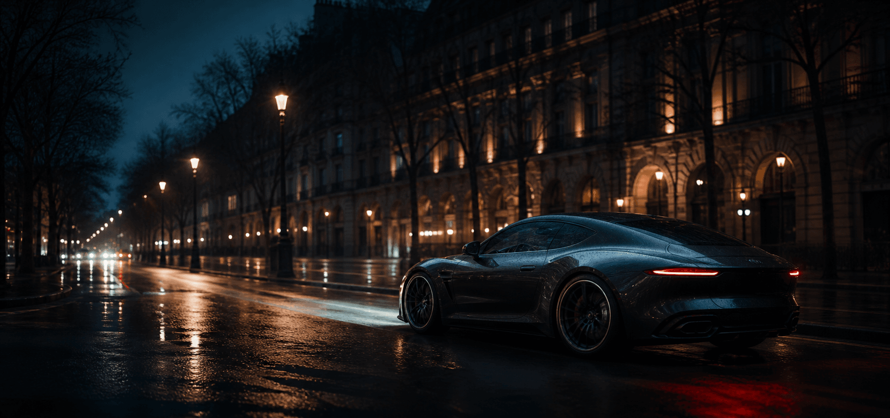 Dark sports car on a rain-lit city boulevard at night
